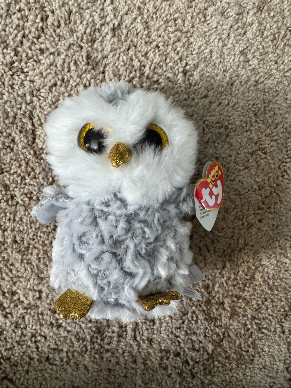 Ty Plush Owl in White and Gray with Gold Accents